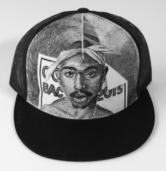 Tupac is Alive, acrylic painting on canvas & mesh trucker cap with adjustable back, in private collection