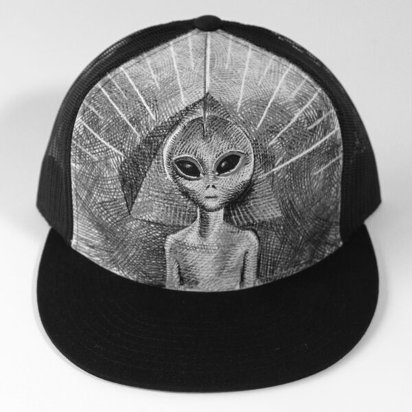 Aliens Biult Pyramids, acrylic painting on canvas & mesh trucker cap with adjustable back, in private collection