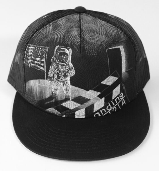 Fake Moon Landing, acrylic painting on canvas & mesh trucker cap with adjustable back, in private collection