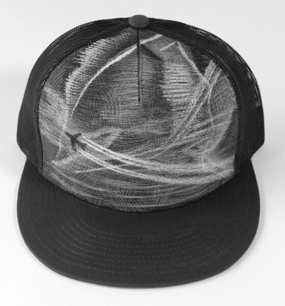 Chemtrails, acrylic painting on canvas & mesh trucker cap with adjustable back, in private collection