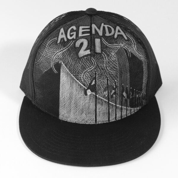 Agenda 21, acrylic painting on canvas & mesh trucker cap with adjustable back.