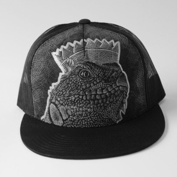 Lizard People, acrylic painting on canvas & mesh trucker cap with adjustable back, in private collection