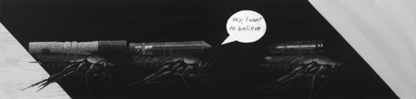 I Want to Believe, 24”x5”, Acrylic and spray paint on primed wood panel